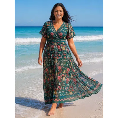 Bloomchic Women's Plus Size Sarong Set Floral Print One-piece Swimsuit Darkgreen Floral Gathered Adaptive-fit  In Green