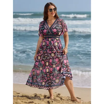 Bloomchic Women's Plus Size Sarong Two-piece Tummy-control One-piece Swimsuit Black Floral Gathered Adaptive-f