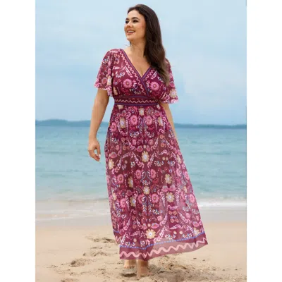 Bloomchic Women's Plus Size Sarong Two-piece Tummy-control One-piece Swimsuit Deeppurplered Floral Gathered Ad
