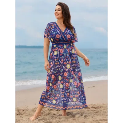 Bloomchic Women's Plus Size Sarong Two-piece Tummy-control One-piece Swimsuit Navy Floral Gathered Adaptive-fi In Blue