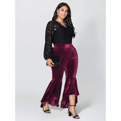 Bloomchic Women's Plus Size Satin Button Detail Ruffled Pants Burgundy Non Flared Mid Rise Party 10/m