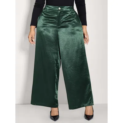 Bloomchic Women's Plus Size Satin Button Detail Straight-leg Pants Darkgreen Non Wide Leg Mid Rise Party 14-16 In Green