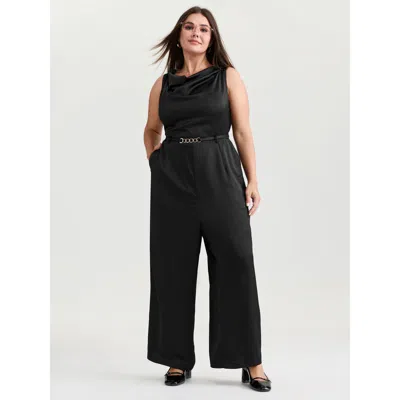 Bloomchic Women's Plus Size Satin Cowl Neckline Cut-out Plain Jumpsuit Pureblack Office 22-24/3x