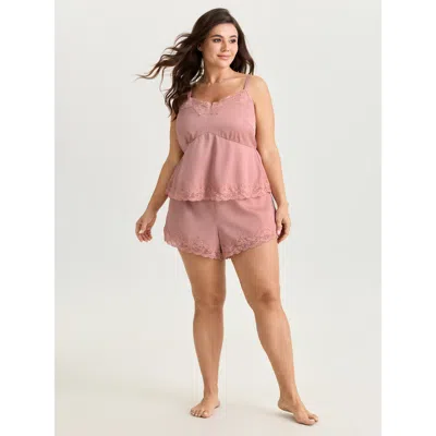 Bloomchic Women's Plus Size Satin Floral Lace Neckline Lounge Set Watermelon Else Sleeveless Lace Trim 14-16/1 In Green