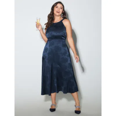 Bloomchic Women's Plus Size Satin Jacquard Asymmetrical Hem Midi Dress Indigo Floral Midi Party Lace-up 28/5x In Purple