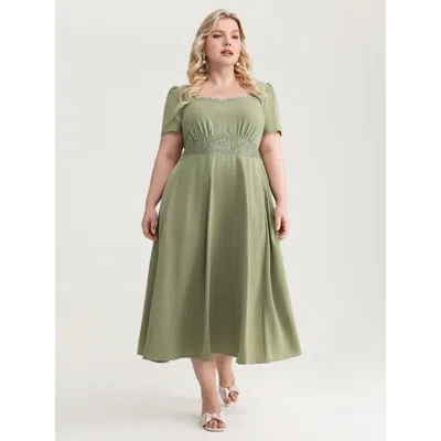 Bloomchic Women's Plus Size Satin Lace Neckline Cinched Waist Midi Dress Sage Synthetic Texture Midi Elegant T In Green
