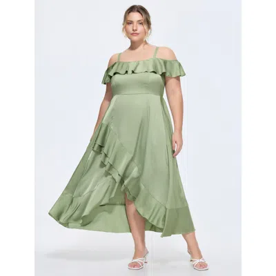 Bloomchic Women's Plus Size Satin Off-shoulder Wrap Hem Maxi Dress Greenbean Solid Maxi Elegant Ruffles 10/m