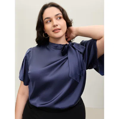 Bloomchic Women's Plus Size Satin Ribbon Knot Mock Neck Blouse Indigo Solid Office Short Sleeve Tie-neck 10/m In Purple