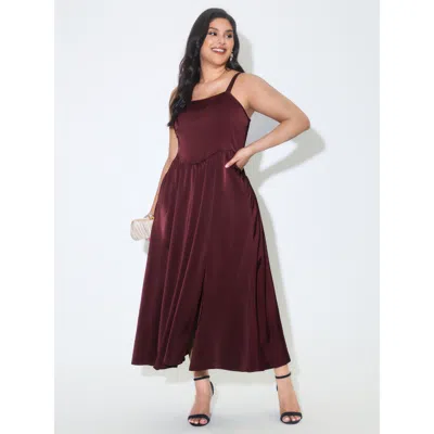 Bloomchic Women's Plus Size Satin Square Neck Front Slit Slip Maxi Dress Deepred Party Maxi Smocked Square Nec In Red