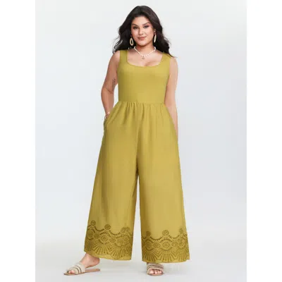 Bloomchic Women's Plus Size Scallop Embroidered Hem Sleeveless Jumpsuit Mustardyellow Vacation 10/m