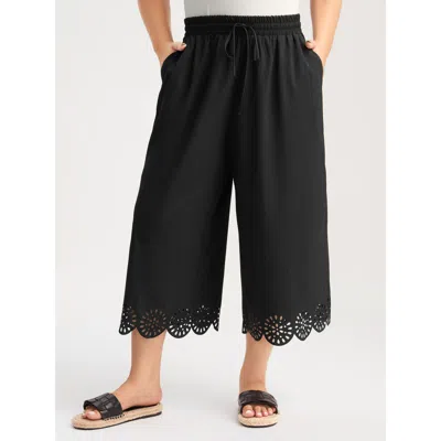 Bloomchic Women's Plus Size Scalloped Hem Wide-leg Capri Pants Black Solid Wide Leg Mid Rise Casual 10/m