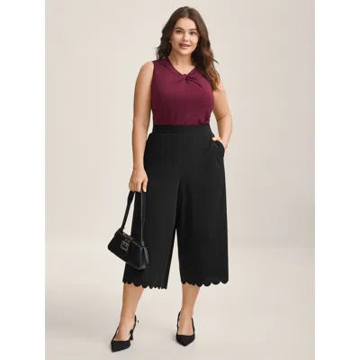 Bloomchic Women's Plus Size Scalloped Hem Wide-leg Solid Pants Black Non Straight Fit Mid Rise Office 10/m