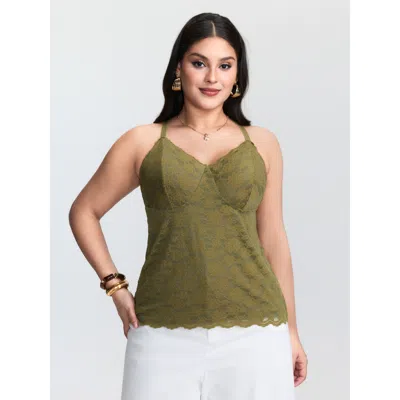 Bloomchic Women's Plus Size Scalloped Lace Adjustable Fitted Tank Top Olive Elegant S-line 12/l In Green