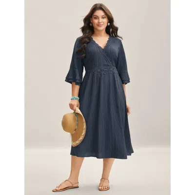 Bloomchic Women's Plus Size Scalloped Lace Surplice Ruffled Midi Dress Darkblue Synthetic Texture Midi Vacatio In Blue