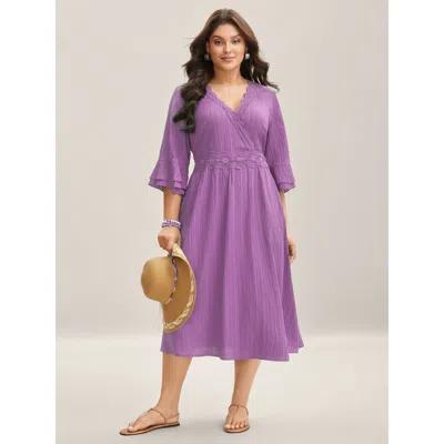 Bloomchic Women's Plus Size Scalloped Lace Surplice Ruffled Midi Dress Lilac Synthetic Texture Midi Vacation E In Purple