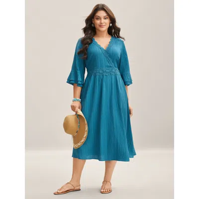 Bloomchic Women's Plus Size Scalloped Lace Surplice Ruffled Midi Dress Teal Synthetic Texture Midi Vacation El In Blue