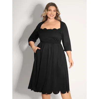 Bloomchic Women's Plus Size Scalloped Laser Cut Neck Stretchy Midi Dress Black Non Midi Party 10/m