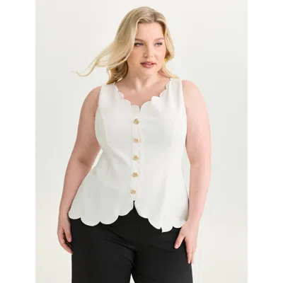 Bloomchic Women's Plus Size Scalloped Neckline Button Front Tank Top Beige Elegant S-line 10/m In Sand