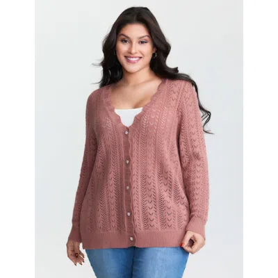 Bloomchic Women's Plus Size Scalloped Neckline Cut-out Knit Cardigan Rouge Long Sleeve V-neck 10/m In Red