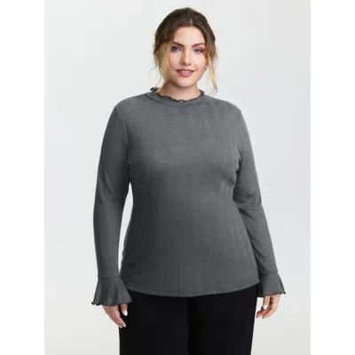 Bloomchic Women's Plus Size Scalloped Trim High Neck Fitted T-shirt Darkgray Non Elegant Extra Long Sleeve 14- In Gray