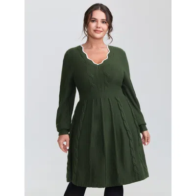 Bloomchic Women's Plus Size Scalloped V-neck Fit And Flare Sweater Dress Armygreen Solid Mini Cable Knit 12/l