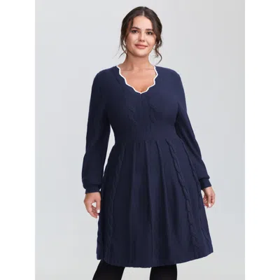 Bloomchic Women's Plus Size Scalloped V-neck Fit And Flare Sweater Dress Indigo Solid Mini Cable Knit 12/l In Purple