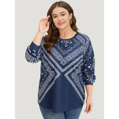 Bloomchic Women's Plus Size Scarf Print Round Neck Elastic Cuffs Sweatshirt Indigo Scarf Print Everyday 18-20/ In Purple