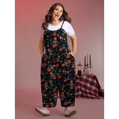 Bloomchic Women's Plus Size Scary Skeleton Print Cami Lounge Jumpsuit Black Graphic-halloween Maxi 12/l