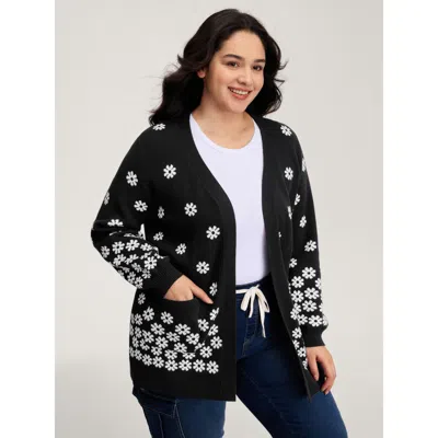 Bloomchic Women's Plus Size Scattered Floral Pattern Open-front Cardigan Black Long Sleeve 10/m