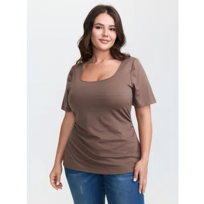 Bloomchic Women's Plus Size Scoop Neck Fitted Stretchy T-shirt Browncoffeecolor Non Casual Short Sleeve 10/m