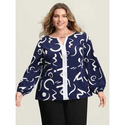 Bloomchic Women's Plus Size Scribble Print Color Contrast Cut-out Blouse Whitesmoke Geometric Office Extra Lon