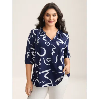 Bloomchic Women's Plus Size Scribble Print Ruffled Split Neck Blouse Indigo Geometric Office 3/4 Sleeve V-notc In Purple