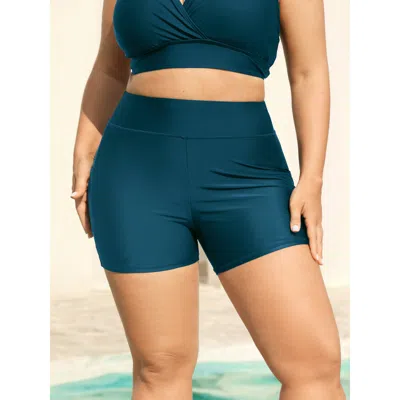 Bloomchic Women's Plus Size Sculpting Pockets Solid Swim Shorts Aegean Solid Short Patchwork Elastic Waist 14- In Blue