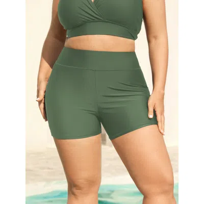 Bloomchic Women's Plus Size Sculpting Pockets Solid Swim Shorts Armygreen Solid Short Patchwork Elastic Waist 