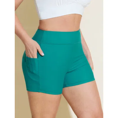 Bloomchic Women's Plus Size Sculpting Pockets Solid Swim Shorts Cerulean Solid Short Patchwork Elastic Waist 2 In Blue