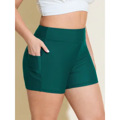 Bloomchic Women's Plus Size Sculpting Pockets Solid Swim Shorts Darkslategray Solid Short Patchwork Elastic Wa