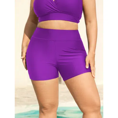 Bloomchic Women's Plus Size Sculpting Pockets Solid Swim Shorts Darkviolet Solid Short Patchwork Elastic Waist