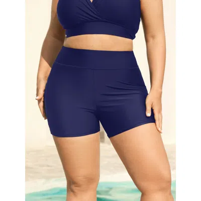 Bloomchic Women's Plus Size Sculpting Pockets Solid Swim Shorts Indigo Solid Short Patchwork Elastic Waist 12/ In Purple