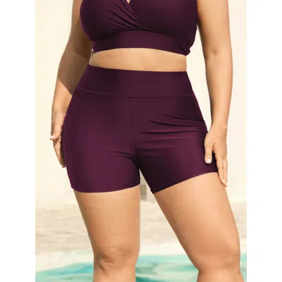 Bloomchic Women's Plus Size Sculpting Pockets Solid Swim Shorts Plum Solid Short Patchwork Elastic Waist 10/m In Purple