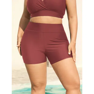 Bloomchic Women's Plus Size Sculpting Pockets Solid Swim Shorts Russet Solid Short Patchwork Elastic Waist 18- In Brown