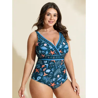 Bloomchic Women's Plus Size Sea Breeze Print Tummy-control One-piece Swimsuit Aegean Marine Elements Non Adjus In Blue