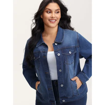 Bloomchic Women's Plus Size Seamed Chest Pockets Button Denim Jacket Midblue Casual 10/m