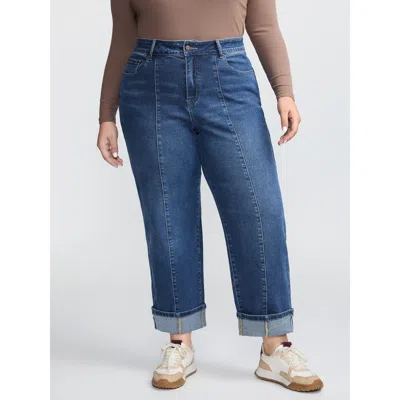 Bloomchic Women's Plus Size Seamed Rolled Hem Straight-leg Jeans Midblue Colorblock Straight Fit High Stretch 