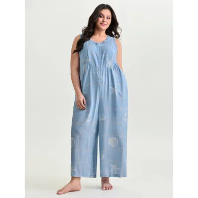Bloomchic Women's Plus Size Seashell Print Button Placket Lounge Jumpsuit Lightblue Not Graphics Maxi 10/m In Blue