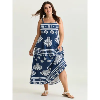 Bloomchic Women's Plus Size Seashell Print Wide Strap Flowy Maxi Dress Indigo Ocean Print Maxi Vacation Shirre In Purple