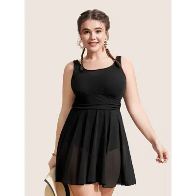 Bloomchic Women's Plus Size See Through Patchwork Gathered Swim Dress Black Solid Mesh Panel Adaptive-fit 30/6