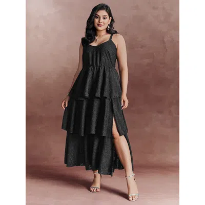 Bloomchic Women's Plus Size Sensational Jacquard Tiered Slit Maxi Dress Black Synthetic Texture Maxi Party Tex