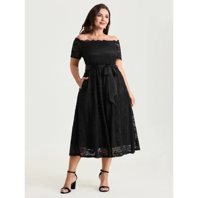 Bloomchic Women's Plus Size Sensational Lace Stretchy Waist Tie Midi Dress Black Solid Elegant 10/m