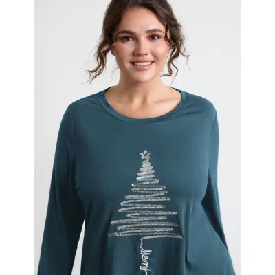 Bloomchic Women's Plus Size Sequin Cord Embroidered Tree Round Neck T-shirt Aegean Solid Casual Long Sleeve Ro In Blue