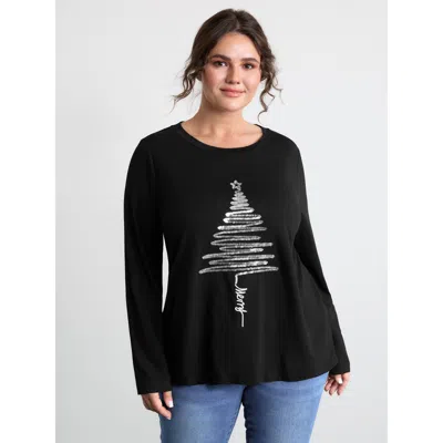 Bloomchic Women's Plus Size Sequin Cord Embroidered Tree Round Neck T-shirt Black Solid Casual Long Sleeve Rou
